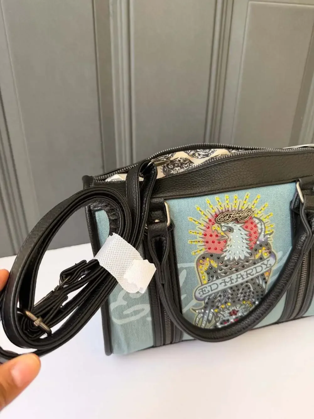 Ed Hardy VeganLeather and Denim Satchel CrossbodyHandbag with Eagle and SkullRns
